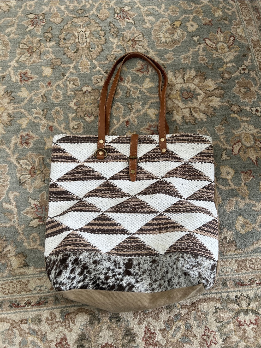 Myra Bag Brown & White Woven Geometric Tote with Faux Leather Straps